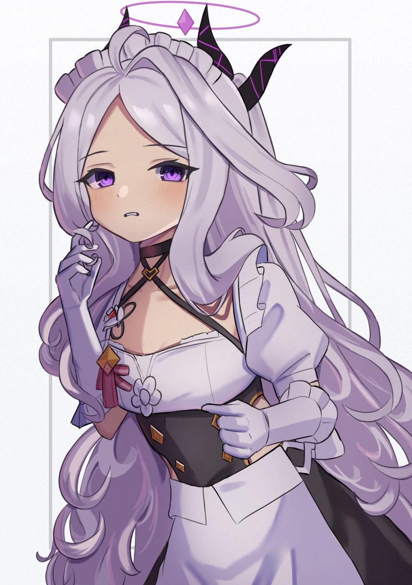 1girl absurdres alternate_costume black_halo blue_archive breasts collarbone demon_girl demon_horns gloves halo highres hina_(blue_archive) horns iog626 looking_at_viewer maid maid_headdress purple_eyes simple_background small_breasts solo standing white_background white_gloves