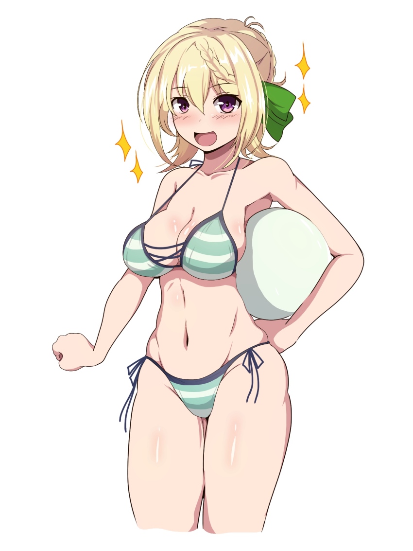 1girl ball beachball bikini blonde_hair braid braided_bun breasts commentary_request hair_bun highres kantai_collection long_hair medium_breasts official_alternate_costume perth_(kancolle) perth_(swimsuit)_(kancolle) purple_eyes side-tie_bikini_bottom simple_background smile solo sparkle striped_bikini striped_clothes swimsuit tomo_(red_wings087) white_background