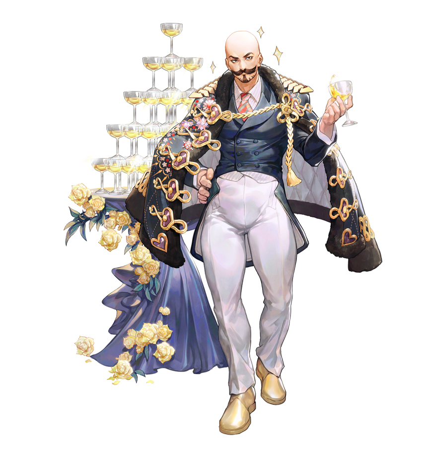 1boy bald beard black_coat brown_eyes champagne_tower character_request chinese_commentary coat coat_on_shoulders commentary cup diagonal-striped_clothes diagonal-striped_necktie diagonal-striped_shirt drinking_glass facial_hair flower full_body fur-trimmed_coat fur_trim hangleing highres holding holding_cup iron_saga looking_at_viewer male_focus muscular muscular_male mustache necktie official_art pants red_necktie rose shirt shoes shoulder_boards simple_background solo striped_clothes tachi-e tailcoat two-sided_coat two-sided_fabric white_background white_pants white_shirt wine_glass yellow_flower yellow_rose yellow_shoes