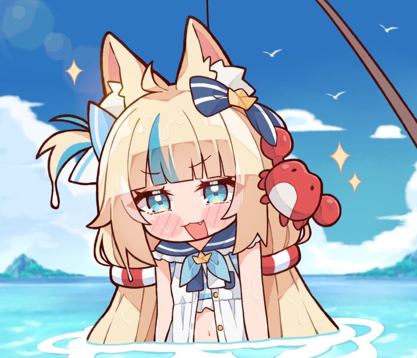 1girl ahoge animal_ear_fluff animal_ears blonde_hair blue_eyes blue_hair blue_sky blush cat_ears cloud dress fang fishing_rod highres indie_virtual_youtuber kukie-nyan long_hair looking_at_viewer low_twintails multicolored_hair one_side_up sameko_saba sky sleeveless sleeveless_dress streaked_hair twintails very_long_hair virtual_youtuber water white_dress
