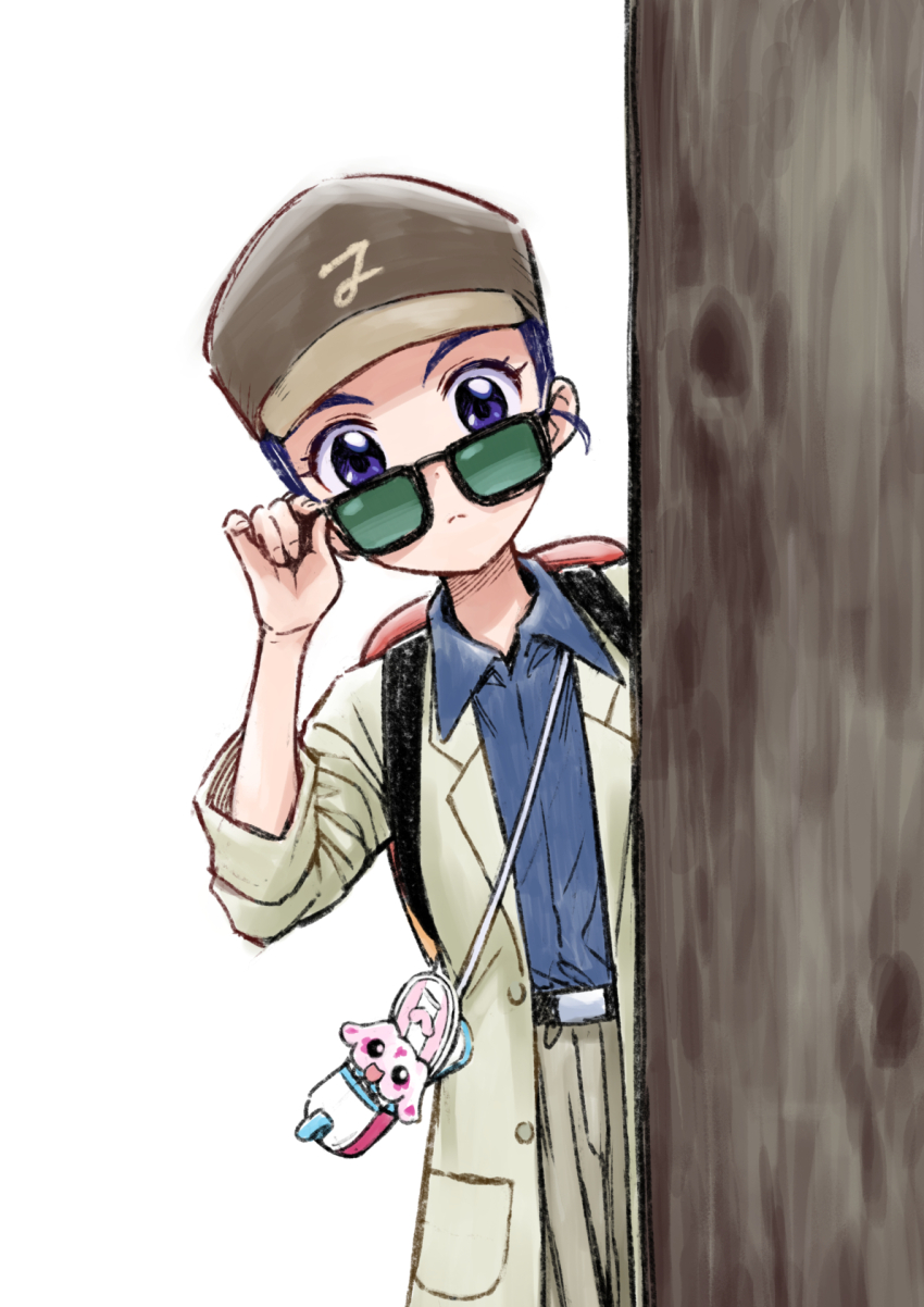 1girl blue_shirt commentary_request eyelashes futari_wa_precure glasses hat highres itou_shin&#039;ichi long_hair looking_at_viewer mipple ponytail precure purple_eyes purple_hair shirt simple_background solo white_background yukishiro_honoka