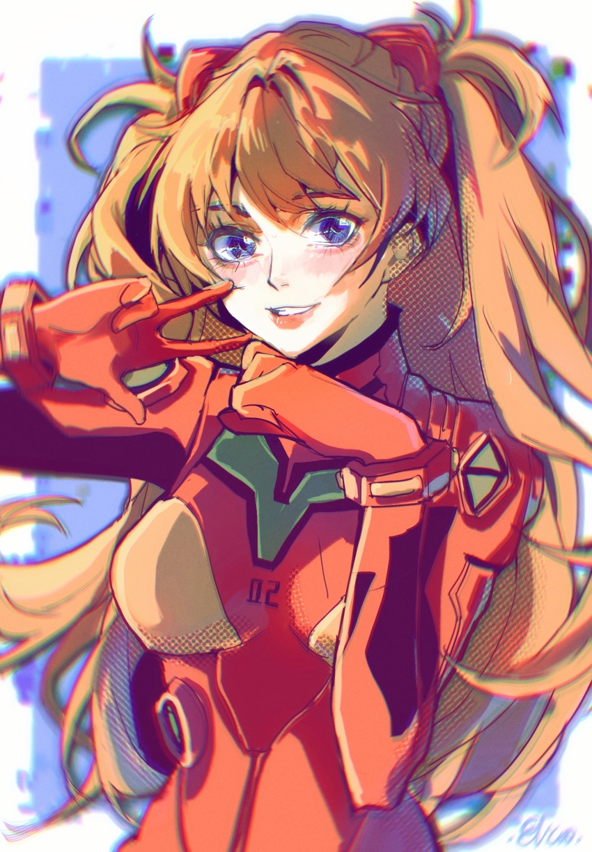 1girl blue_background blue_eyes blush bodysuit border breasts clenched_hand commentary elicooc eyelashes hair_intakes highres interface_headset_(evangelion) long_hair looking_at_viewer mecha_pilot_suit medium_breasts neon_genesis_evangelion orange_hair parted_lips plugsuit_(evangelion) red_bodysuit red_lips smile solo souryuu_asuka_langley two_side_up upper_body w white_border