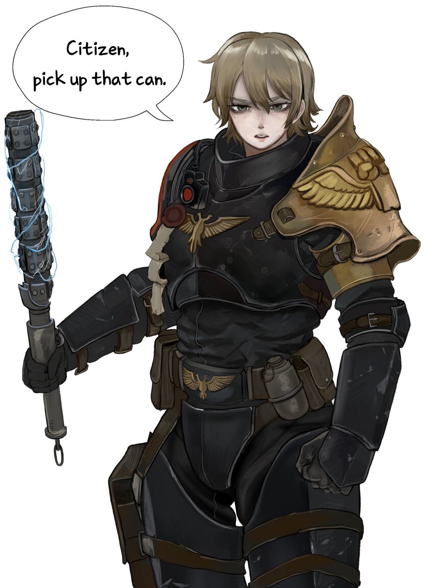 1girl absurdres adeptus_arbites arm_at_side arm_up armor belt belt_pouch black_armor black_gloves black_shirt blonde_hair cowboy_shot electricity english_text explosive gloves grenade grey_eyes half-life half-life_(series) half-life_2 highres holding holding_mace holding_weapon kkghost_tv looking_at_viewer mace open_mouth original pauldrons pouch purity_seal shirt short_hair shoulder_armor single_pauldron speech_bubble teeth thigh_armor vambraces warhammer_40k weapon
