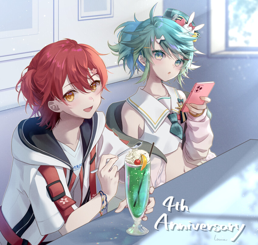 2boys ahoge anniversary aqua_eyes aqua_hair cellphone chestnut_mouth crop_top crossdressing detached_sleeves flower hair_between_eyes hair_flower hair_ornament hairpin hanasaki_miyabi happy hat hat_ribbon highres holding holding_phone holding_spoon holostars hood hoodie kagami_kira light_particles looking_at_viewer luma8b male_focus melon_soda mini_hat multiple_boys multiple_hairpins navel one_side_up open_mouth phone red_hair ribbon sailor_collar short_hair sitting smartphone smile spoon trap virtual_youtuber white_hoodie white_sailor_collar window yellow_eyes