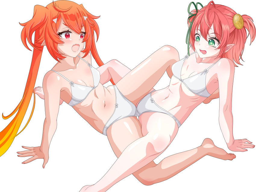 2girls absurdres ahoge barefoot belly bra breasts coin commission enya_ignis full_body fuyo_cloverfield green_eyes hair_ornament hairclip highres chromashift leenvidia long_hair looking_at_another multiple_girls navel open_mouth orange_hair panties pink_hair pointy_ears red_eyes short_hair sitting small_breasts spread_legs transparent_background tribadism tribadism_through_clothes twintails underwear underwear_only virtual_youtuber white_bra white_panties yuri