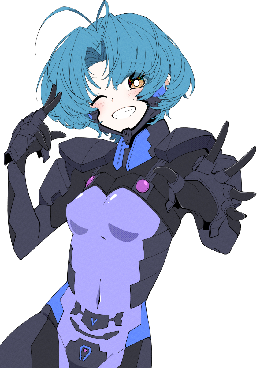1girl antenna_hair armored_bodysuit blue_hair bodysuit brown_eyes covered_navel fortified_suit highres impossible_bodysuit impossible_clothes kamon_rider looking_at_viewer mecha_pilot_suit muv-luv muv-luv_alternative pilot_suit purple_bodysuit science_fiction see-through_bodysuit see-through_clothes short_hair skin_tight smile solo yoroi_mikoto