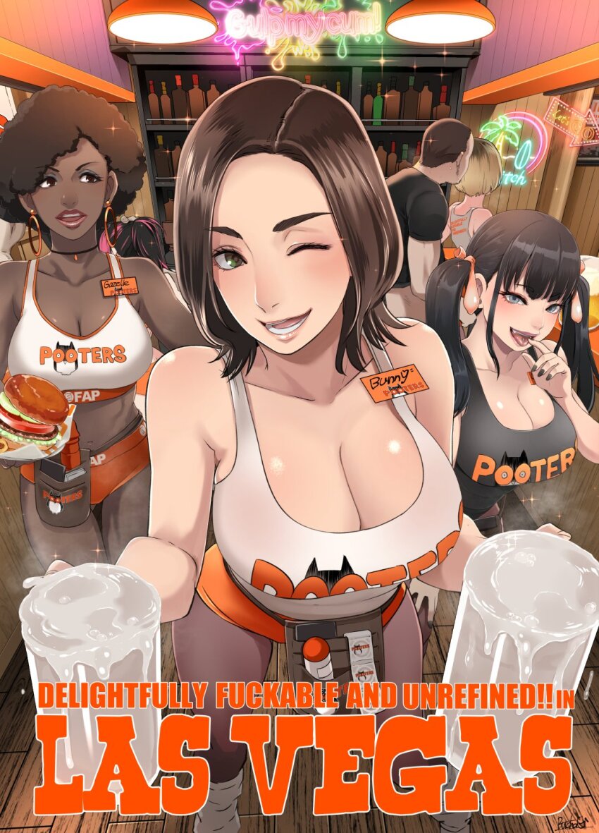 1boy 4girls breasts butcha-u condom condom_hair_ornament crowd cum cum_in_container dark-skinned_female dark_skin delightfully_fuckable_and_unrefined!! highres hooters large_breasts looking_at_viewer multiple_girls name_tag parody tank_top twintails used_condom