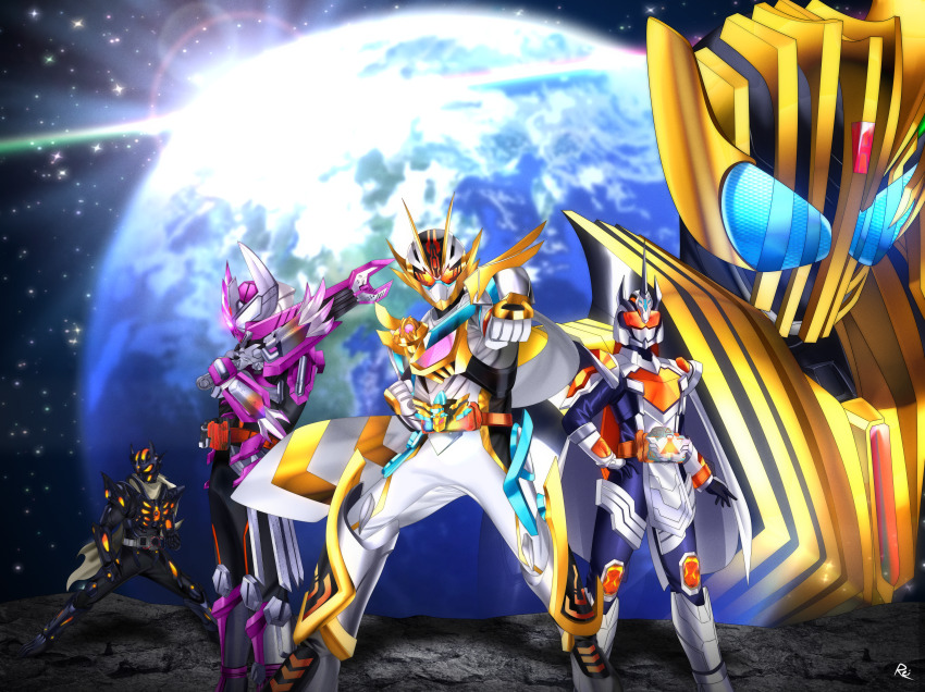 1girl 1other 3boys absurdres armor armored_boots asymmetrical_armor belt black_armor black_bodysuit black_gloves blue_gloves bodysuit boots bug compound_eyes dreadriver rider_belt from_side gauntlets gem gloves glowing glowing_eyes gold_horns gold_trim gotcha_driver helmet heterochromia highres holding holding_sword holding_weapon kamen_rider kamen_rider_dread kamen_rider_gotchard kamen_rider_gotchard_(series) kamen_rider_gotchard_vs_kamen_rider_legend kamen_rider_legend kamen_rider_majade kamen_rider_platina_gotchard kamen_rider_valvarad looking_at_viewer multiple_boys open_hands pink_eyes power_armor red_gemstone reiei_8 rider_belt scarf shoulder_armor shoulder_spikes side_cape spikes sword tenliner tokusatsu torn_clothes torn_scarf type_zero_form upper_body valvaradriver valvarusher weapon white_armor white_bodysuit white_eyes white_gloves white_helmet white_scarf yellow_eyes
