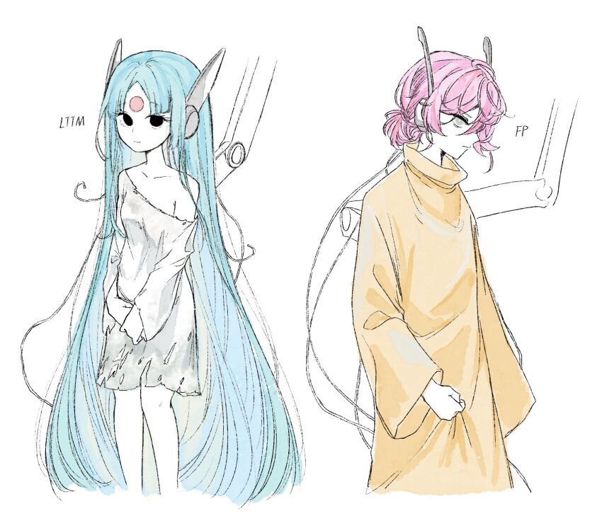 1boy 1girl aida_(aidacamelia0516) blue_hair dress facial_mark five_pebbles forehead_mark grey_dress highres humanization iterator_(rain_world) long_hair looking_at_viewer looks_to_the_moon low_ponytail medium_hair off-shoulder_dress off_shoulder parted_bangs pink_hair ponytail rain_world robot_ears simple_background tunic very_long_hair white_background yellow_tunic