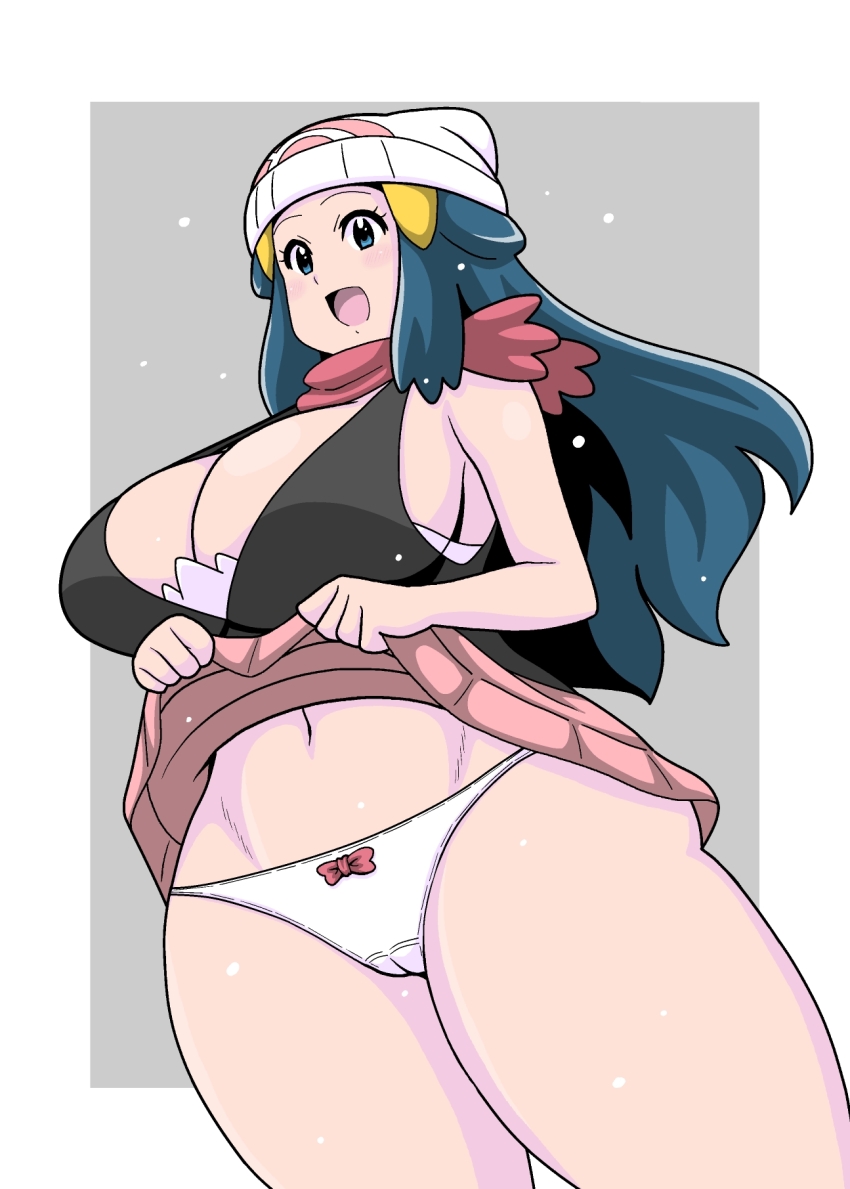 1girl :d aged_up beanie black_shirt blue_eyes blue_hair bow bow_panties breasts cleavage clothes_lift curvy dawn_(pokemon) female_focus grey_background hair_ornament hat highres koutarosu large_breasts long_hair matching_hair/eyes miniskirt navel nintendo open_mouth panties pink_skirt poke_ball_print pokemon pokemon_dppt red_bow red_scarf scarf shirt simple_background skirt skirt_lift smile solo thick_thighs thighs underwear white_hat white_panties