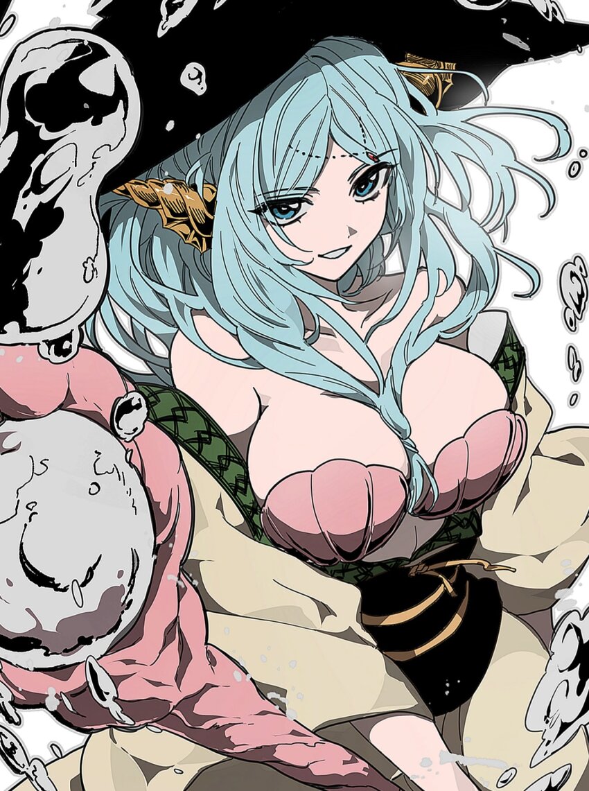 1girl bare_shoulders bikini blue_eyes blue_hair breasts cleavage conch front_ponytail hair_between_breasts hat head_chain highres holding holding_staff j_af_ar jewelry large_breasts long_hair magi_the_labyrinth_of_magic open_mouth robe seashell shell shell_bikini simple_background smile solo staff swimsuit upper_body water_drop white_background witch_hat yamuraiha