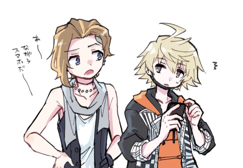 2boys ahoge black_coat black_vest blonde_hair blue_eyes brown_eyes brown_hair cellphone choker coat ear_piercing face_mask furesawa_tosai grey_scarf highres holding holding_phone hood hoodie jewelry kanade_rindo male_focus mask mouth_mask multiple_boys necklace orange_hoodie pearl_necklace phone piercing scarf shin_subarashiki_kono_sekai shirt smartphone subarashiki_kono_sekai sweatdrop undercut upper_body vest white_shirt