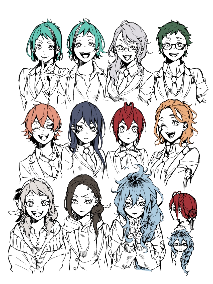 111521153115 6+girls absurdres ace_trappola antenna_hair aqua_hair armband azul_ashengrotto blue_hair bob_cut braid brown_hair cardigan cater_diamond collared_shirt cropped_shoulders crown_braid curtained_hair deuce_spade double-parted_bangs earrings feather_hair_ornament feathers floyd_leech furrowed_brow genderswap genderswap_(mtf) glasses gloves green_hair grey_hair grin hair_between_eyes hair_ornament hair_over_shoulder hair_pulled_back hair_ribbon headband heart_antenna_hair highres idia_shroud jacket jacket_over_hoodie jade_leech jamil_viper jewelry kalim_al-asim long_hair looking_at_viewer multicolored_hair multiple_girls multiple_views neck_ribbon necktie night_raven_college_uniform off_shoulder one_eye_closed open_mouth orange_hair partially_unbuttoned ponytail raised_eyebrow raised_eyebrows red_hair ribbon riddle_rosehearts sharp_teeth shirt short_bangs short_hair simple_background single_braid smile spot_color streaked_hair swept_bangs teeth trey_clover twisted_wonderland v-shaped_eyebrows vest wavy_hair white_background white_hair
