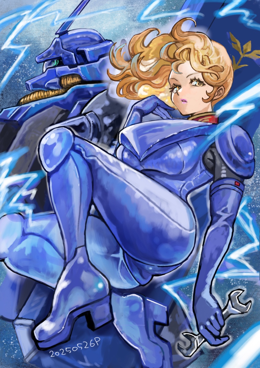 1girl absurdres bell breasts char&#039;s_counterattack cleavage commentary dated geara_doga geara_doga_(rezin_schnyder_custom) gundam high_heels highres holding holding_wrench looking_at_viewer mecha mecha_pilot_suit medium_hair mobile_suit neo_zeon normal_suit_(gundam) okrdisk2000 orange_eyes orange_hair rezin_schnyder robot science_fiction sitting solo wrench