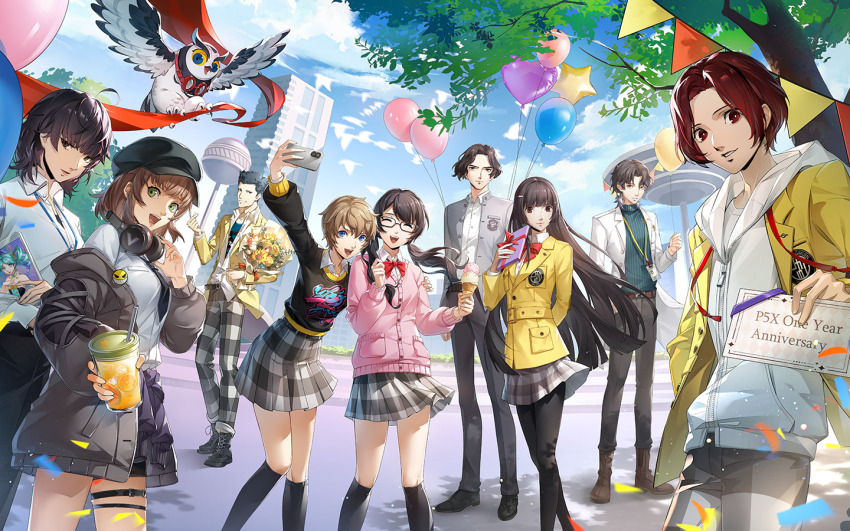 4boys 6+girls anniversary arai_motoha artist_request balloon black-framed_eyewear black_hat black_pantyhose black_socks blue_sky cellphone character_request cloud day glasses grin hat holding holding_phone hood hood_down jacket kanou_shun looking_at_viewer lufel_(p5x) multiple_boys multiple_girls newsboy_cap noge_tomoko off_shoulder official_art open_clothes open_jacket outdoors pantyhose persona persona_5 persona_5:_the_phantom_x phone sakai_ayaka school_uniform sky smile socks tanemura_riko third-party_source wonder_(p5x) yellow_jacket