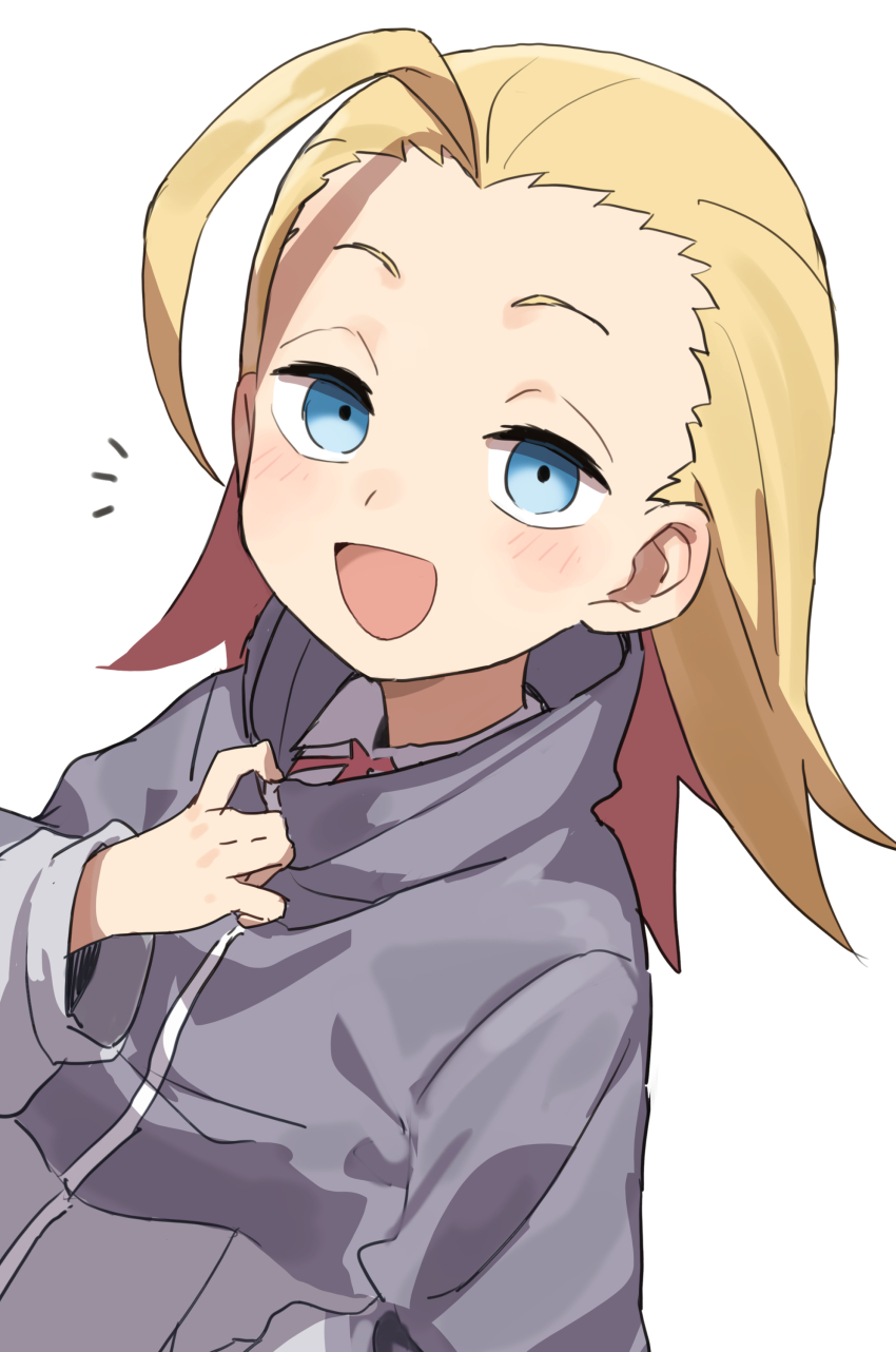 1girl :d absurdres ahoge blonde_hair blue_eyes do_it_yourself!! forehead gazacy_(dai) happy highres jacket juliet_queen_elizabeth_viii medium_hair open_mouth simple_background smile turtleneck turtleneck_jacket white_background