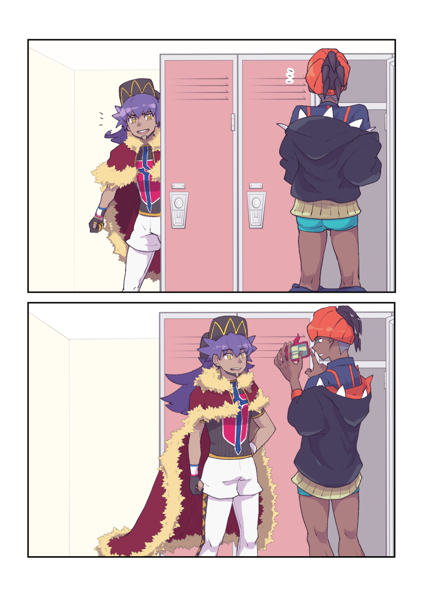 2boys :d baseball_cap black_hair black_hoodie cape champion_uniform commentary_request dark-skinned_male dark_skin dynamax_band facial_hair fur-trimmed_cape fur_trim gen_4_pokemon green_male_underwear hat headband highres holding holding_phone hood hoodie leggings leon_(pokemon) locker locker_room long_hair male_focus male_underwear multiple_boys nintendo notice_lines nyoripoke open_mouth orange_headband phone pokemon pokemon_swsh purple_hair raihan_(pokemon) red_cape rotom rotom_phone shield_print shirt short_hair short_shorts shorts smile standing sword_print taking_picture undercut underwear white_shorts yellow_eyes
