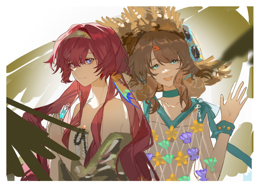 2girls :d absurdres bare_shoulders blue_choker blue_eyes border bottle brown_hair brown_hat capelet choker danzhi_lingjia dress eyewear_on_headwear fishnet_dress green_capelet hand_up hat highres holding holding_bottle long_hair looking_at_viewer low_twintails marcus_(on_the_white_sand)_(reverse:1999) marcus_(reverse:1999) multiple_girls official_alternate_costume open_mouth own_hands_together plant purple_eyes red_hair reverse:1999 shell sleeveless sleeveless_dress smile starfish strapless straw_hat sunglasses tube_top twintails very_low_bun waving white_border white_dress white_tube_top wristband yenisei_(around_the_riverbend)_(reverse:1999) yenisei_(reverse:1999)