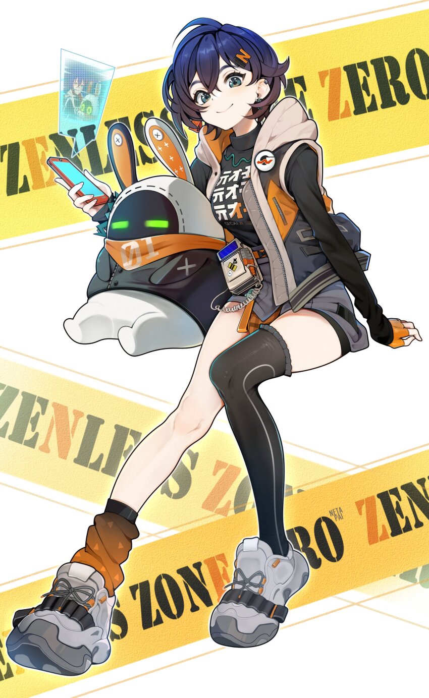 1girl absurdres asymmetrical_legwear belle_(zenless_zone_zero) black_shirt black_thighhighs blue_hair fingerless_gloves gloves green_eyes grey_shoes grey_skirt highres hood hooded_jacket invisible_chair jacket long_sleeves looking_at_viewer netapai1 orange_gloves shirt shoes short_hair single_glove single_sock single_thighhigh sitting skirt sleeveless sleeveless_jacket smile socks solo thighhighs twitter_username white_background zenless_zone_zero