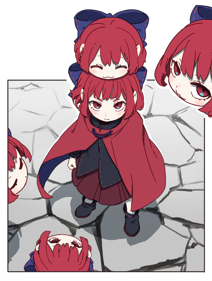 1girl :3 absurdres black_shirt black_shoes blue_bow bow cape capelet disembodied_head double_dealing_character hair_bow highres kame_(kamepan44231) light_blush long_sleeves looking_up red_capelet red_eyes red_hair red_skirt sekibanki shirt shoes short_hair skirt smile solo touhou