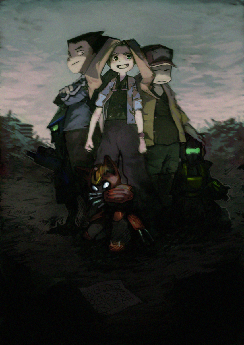 1girl 2boys bad_id bad_pixiv_id baseball_cap black_hair brown_hair cable cable_tail cloud cloudy_sky crossed_arms cyandog electric_plug electric_plug_tail fang frown green_eyes hat highres iwanoi junkyard kagamiyama kiethturtle kikuhime kneeling mechanical_tail medarot multiple_boys paper peppercat robot sky sunglasses sunglasses_around_neck tail takeyuki15 the_screws watch wristwatch