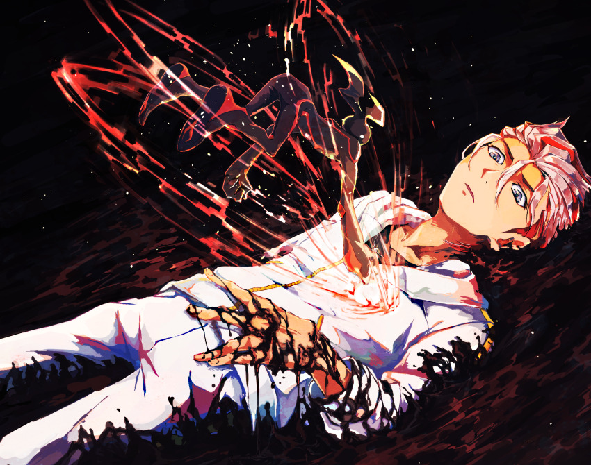 1boy 1other black_shirt body_markings digital_dissolve dirt dirty dirty_clothes dirty_face dirty_hands facing_to_the_side fire flame_(yu-gi-oh!_vrains) floating flying grey_eyes hair_slicked_back hand_on_own_stomach hand_on_own_thigh highres homura_takeru hood hoodie humanoid_robot ikkei jacket knees_up light_particles looking_at_another looking_at_object looking_up lying male_focus midair mud multicolored_hair night night_sky on_back on_grass on_ground outdoors outstretched_arms pants robot shirt sky sparks streaked_hair track_jacket track_pants track_suit white_hair white_hoodie white_pants yellow_trim yu-gi-oh! yu-gi-oh!_vrains