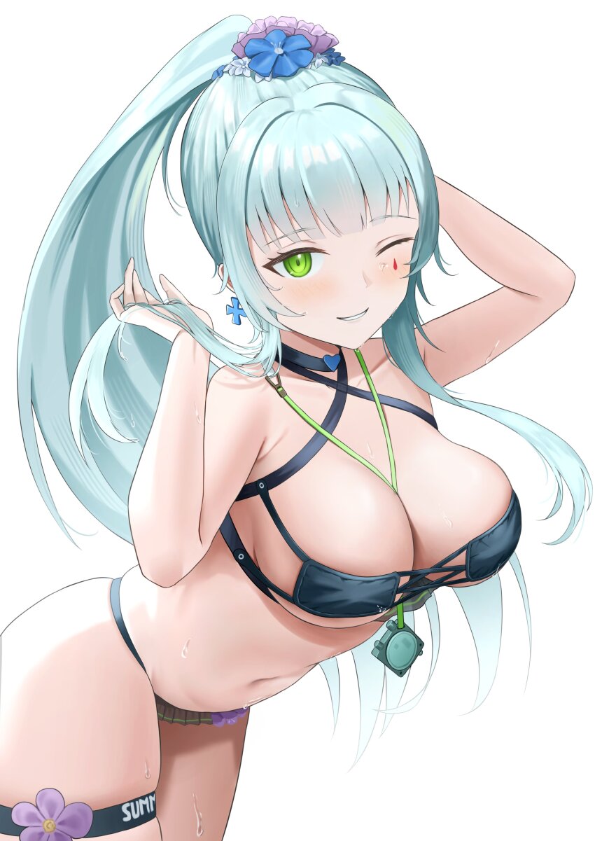1girl ;) absurdres akachi bikini black_bikini breasts cleavage cross cross_earrings earrings flower girls&#039;_frontline girls&#039;_frontline_2:_exilium green_eyes grey_hair hair_flower hair_ornament hashtag-only_commentary highres hk416_(girls&#039;_frontline) jewelry klukai_(girls&#039;_frontline_2) large_breasts leaning_forward long_hair looking_at_viewer navel official_alternate_costume one_eye_closed parted_lips ponytail simple_background smile solo swimsuit teardrop_facial_mark thigh_strap wet white_background