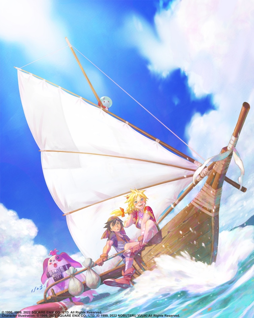 1boy 1girl alien ankle_grab artist_name bandana bead_necklace beads boat boots brown_gloves chrono_cross company_name copyright_notice cropped_jacket day dog gloves hand_on_own_head hand_to_own_head highres jewelry kid_(chrono_cross) long_hair necklace ocean official_art open_mouth outdoors ponytail sack sailboat serge_(chrono_cross) short_hair sitting sky teeth upper_teeth_only vest water watercraft wide_shot yuuki_nobuteru