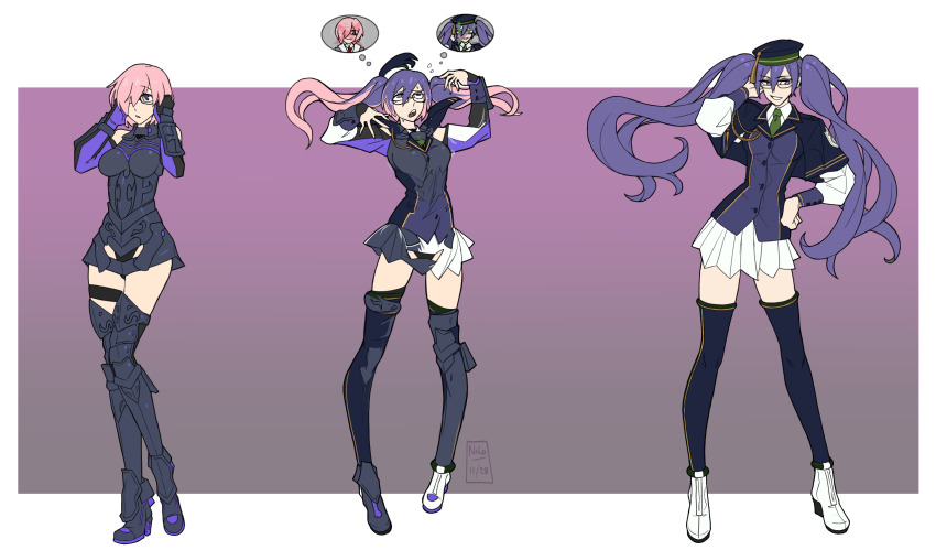 2girls armor armored_dress black_dress black_footwear black_gloves black_panties black_thighhighs blue_capelet blue_eyes blue_vest boots breasts capelet collared_shirt commentary dress elbow_gloves english_commentary fate/grand_order fate_(series) fusion glasses gloves hands_on_eyewear high_heels highres kamuify looking_at_viewer mash_kyrielight mash_kyrielight_(demi-servant) medium_breasts multicolored_hair multiple_girls panties parted_lips pink_hair pleated_skirt purple_eyes sequential shirt sion_eltnam_(type-moon) sion_eltnam_sokaris skirt smile smug thigh_strap thighhighs transformation twintails two-tone_hair underwear vest white_footwear white_shirt