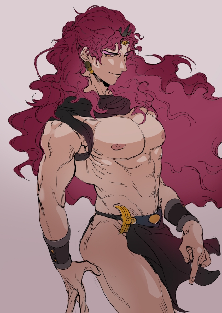 1boy abs adam&#039;s_apple battle_tendency bracer cowboy_shot curly_hair earrings grey_background highres horns jewelry jojo_no_kimyou_na_bouken kars_(jojo) lighthouse_(lt_yummy) loincloth long_hair male_focus muscular muscular_male pectorals pelvic_curtain purple_hair red_eyes revealing_clothes sketch smirk solo topless_male