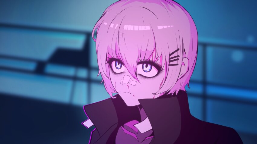 1girl absurdres android artificial_eye auguste_eden bandaid bandaid_on_face bandaid_on_nose black_coat blade_runner_2049 bleeding blood blood_on_face blue_background blue_eyes blurry blurry_background bodysuit bodysuit_under_clothes bokeh camera_eyes coat commentary cuts depth_of_field eyeshadow hair_between_eyes hair_ornament hairclip highres injury makeup marie_(peripeteia) mechanical_eye meme night nosebleed open_clothes open_coat outdoors parody peripeteia pink_light popped_collar portrait railing scene_reference short_hair solo split_mouth three_quarter_view trench_coat you_look_lonely_(meme)