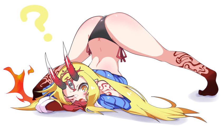 1girl arm_rest ass bikini black_bikini black_panties blonde_hair facial_mark fate/grand_order fate_(series) forehead_mark guilty_gear highres horns ibaraki_douji_(fate) ibaraki_douji_(swimsuit_lancer)_(first_ascension)_(fate) jack-o&#039;_challenge japanese_clothes kakihou kimono meme oni oni_horns orange_eyes panties pointy_ears side-tie_bikini_bottom spread_legs stretching swimsuit underwear