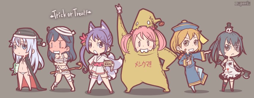 0_0 6+girls :d :o akebono_(kancolle) alternate_costume animal_ears asymmetrical_legwear axe bandaid bandaid_on_face bell black_hair blush brown_background brown_eyes cape chibi commentary_request cosplay crab fang flower fox_ears fox_tail frankenstein&#039;s_monster frankenstein&#039;s_monster_(cosplay) full-face_blush hair_bell hair_bobbles hair_flower hair_ornament hand_on_own_hip hat hibiki_(kancolle) highres jiangshi jingle_bell kantai_collection kasumi_(kancolle) light_brown_hair long_hair multiple_girls multiple_tails mummy_costume naked_cape oboro_(kancolle) oogie_boogie open_mouth pink_hair pori_(poritan81) purple_eyes purple_hair rabbit saturday_night_fever sazanami_(kancolle) side_ponytail single_thighhigh smile solid_oval_eyes staff tail the_nightmare_before_christmas thighhighs translation_request trick_or_treat twintails twitter_username uneven_legwear ushio_(kancolle) v-shaped_eyebrows weapon
