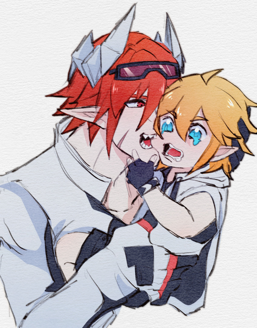 2boys aged_down aotu_world aslet biting biting_cheek black_gloves black_shirt black_shorts blonde_hair blue_eyes carrying carrying_person chinese_commentary eyewear_on_head fingerless_gloves gloves goggles goggles_on_head hair_between_eyes headgear highres hood hoodie jacket king_(aotu_world) long_sleeves looking_at_another male_focus multicolored_gloves multiple_boys open_mouth pius_(aotu_world) pointy_ears red_eyes red_hair scar scar_on_face sharp_teeth shirt short_hair short_sleeves shorts simple_background tears teeth upper_body white_background white_gloves white_hoodie white_jacket yaoi