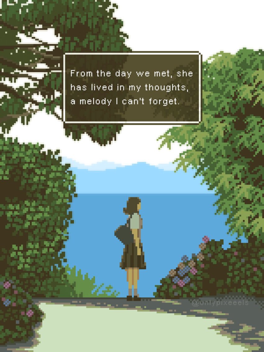 1girl atmospheric_perspective bag brown_hair bush day english_text faceless flower from_side highres in_shadow mountainous_horizon ocean onlypixeeels original outdoors scenery shadow short_hair shoulder_bag skirt solo tree