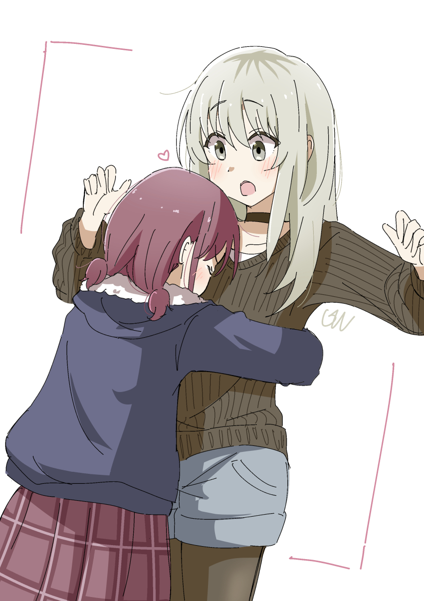 2girls absurdres black_choker black_pantyhose black_sweater blue_jacket blue_shorts blush choker commentary girls_band_cry grey_eyes grey_hair heart highres hug iseri_nina jacket kawaragi_momoka long_hair low_twintails ltv1119 multicolored_hair multiple_girls open_mouth pantyhose plaid_clothes plaid_skirt pleated_skirt red_hair red_skirt roots_(hair) short_hair short_twintails shorts skirt sweater twintails