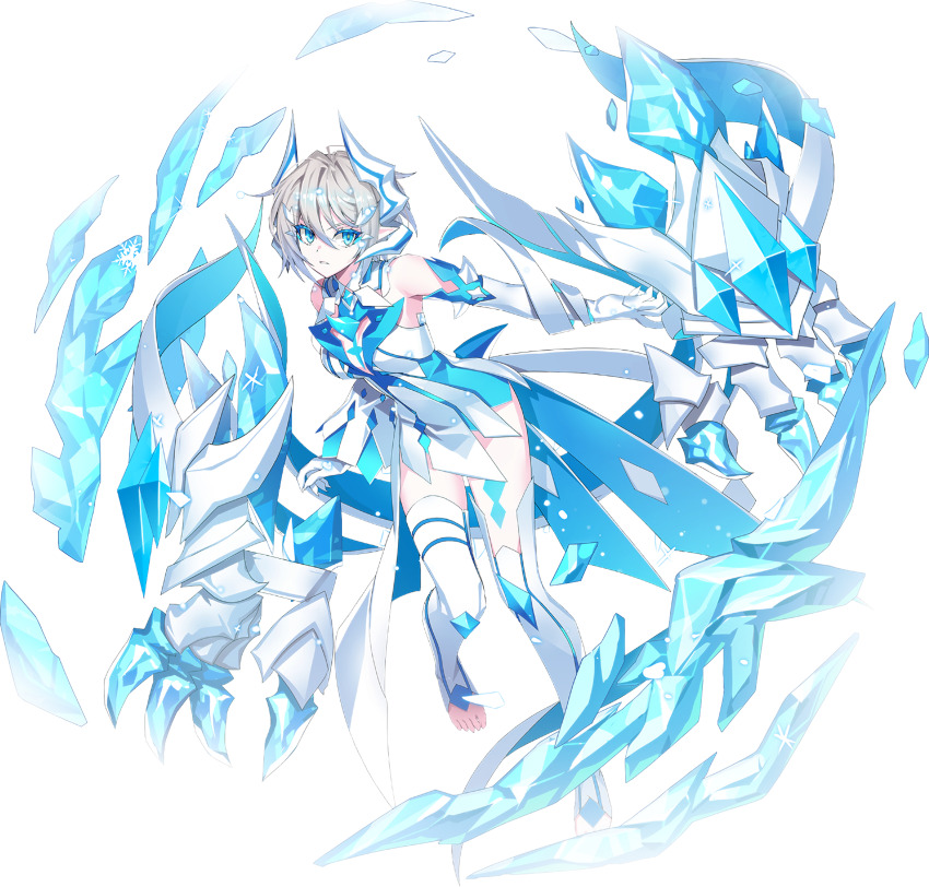 1girl absurdres asymmetrical_sleeves blue_eyes breasts claws colored_eyelashes crystal detached_sleeves diamond_(shape) dragon_girl dragon_horns dress gloves grand_chase grey_hair highres horns ice medium_breasts official_alternate_costume official_art pointy_ears showgirl_skirt sleeveless slit_pupils snowflakes solo tachi-e thighhighs tiamat_(grand_chase) toeless_legwear transparent_background tsurime white_dress white_gloves white_horns white_thighhighs wide_sleeves