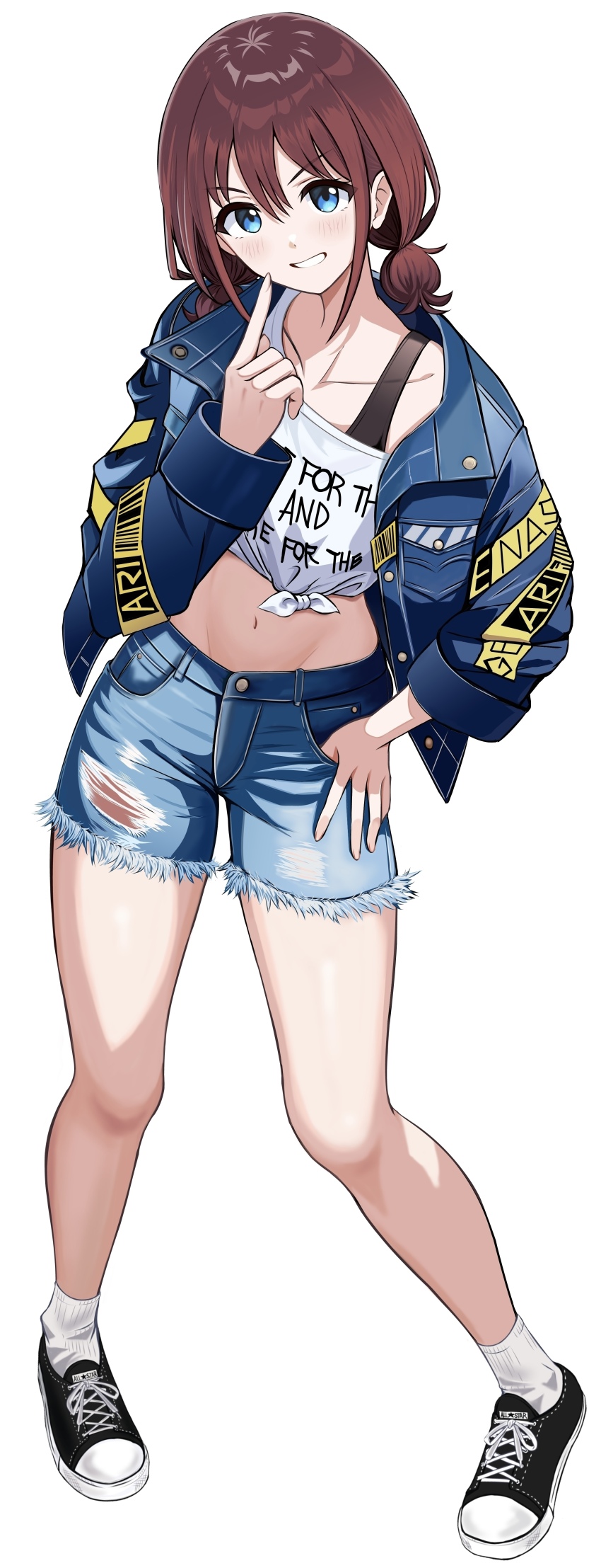 1girl absurdres bare_shoulders blue_eyes brown_hair collarbone crop_top denim girls_band_cry highres iseri_nina jacket jeans long_hair looking_at_viewer low_twintails midriff_peek open_mouth pants shorts socks standing teeth togenashi_togeari torn_clothes torn_jeans torn_pants twintails white_background white_socks zaofeng