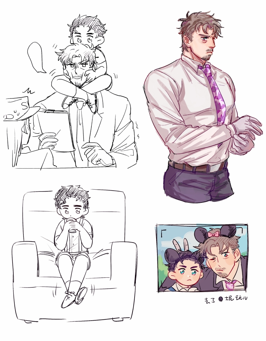 absurdres adjusting_clothes adjusting_gloves aged_down beard black_hair carrying cheek_squash child couch drinking facial_hair gloves hermit_purple highres jojo_no_kimyou_na_bouken joseph_joestar joseph_joestar_(old) juice_can kuujou_joutarou male_focus mature_male mickey_mouse_ears necktie partially_colored shorts shoulder_carry sitting sitting_on_shoulder stardust_crusaders stubble suspender_shorts suspenders viewfinder yanglao_paopaoren