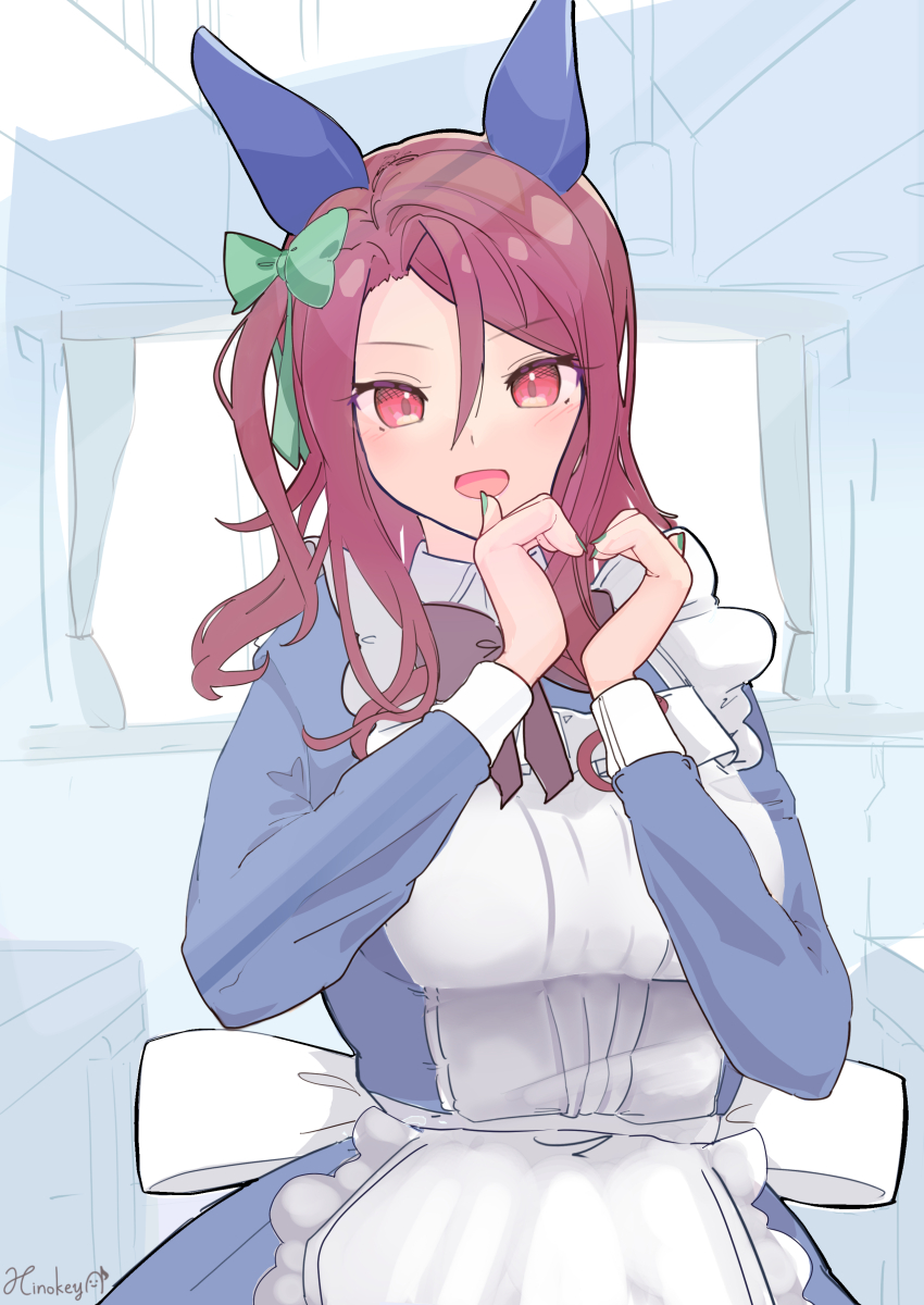 1girl absurdres animal_ears apron blue_dress blush bow breasts brown_hair commentary dress ear_bow ear_covers ear_ribbon frills green_bow hair_between_eyes hashtag-only_commentary heart heart_hands highres hinokey_(hinokey0126) horse_ears horse_girl king_halo_(umamusume) long_hair long_sleeves looking_at_viewer maid maid_apron medium_breasts open_mouth red_eyes smile solo umamusume white_apron
