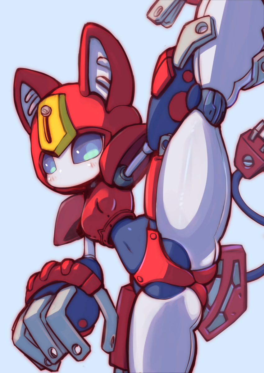 1girl animal_ears blue_sclera blush breasts cable cable_tail cat_ears colored_sclera colored_skin cowboy_shot electric_plug electric_plug_tail green_eyes highres joints leg_lift leg_up looking_at_viewer mechanical_tail medarot no_mouth oversized_forearms oversized_limbs pelvic_curtain peppercat robot robot_joints small_breasts solo split standing standing_on_one_leg standing_split t-t_u2 tail white_skin