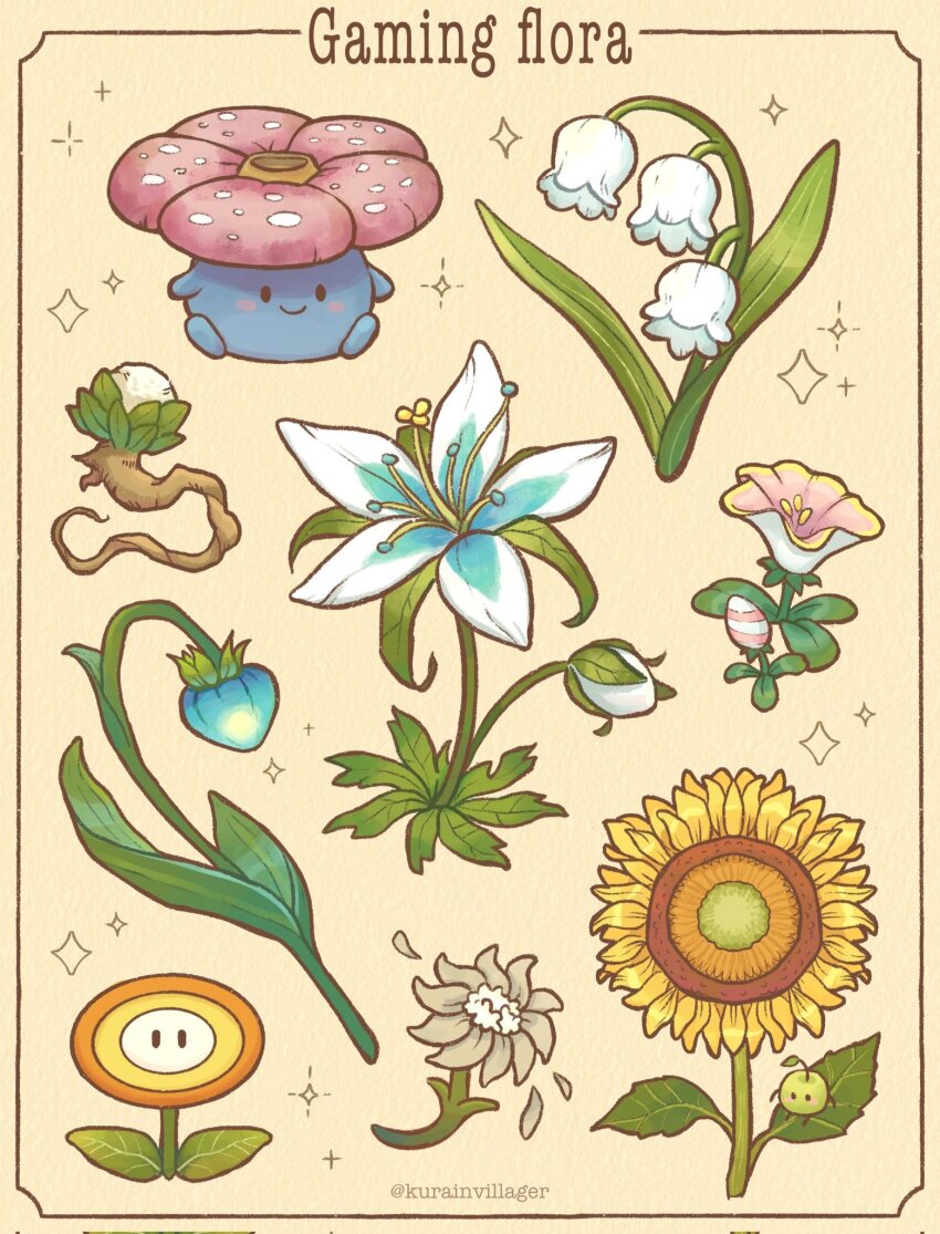animal_crossing artist_name blue_flower blush_stickers bud closed_mouth commentary corrupted_twitter_file delicate_flower_(hollow_knight) english_commentary english_text fire_flower flower flower_focus gen_1_pokemon genshin_impact grey_flower highres hollow_knight kirby_(series) kurain_villager lily_of_the_valley mario_(series) nintendo no_humans petals pink_flower pokemon pokemon_(creature) pop_flower professor_layton silent_princess simple_background small_lamp_grass smile solid_oval_eyes sparkle stardew_valley sunflower the_legend_of_zelda twitter_username vileplume white_flower yellow_background yellow_flower
