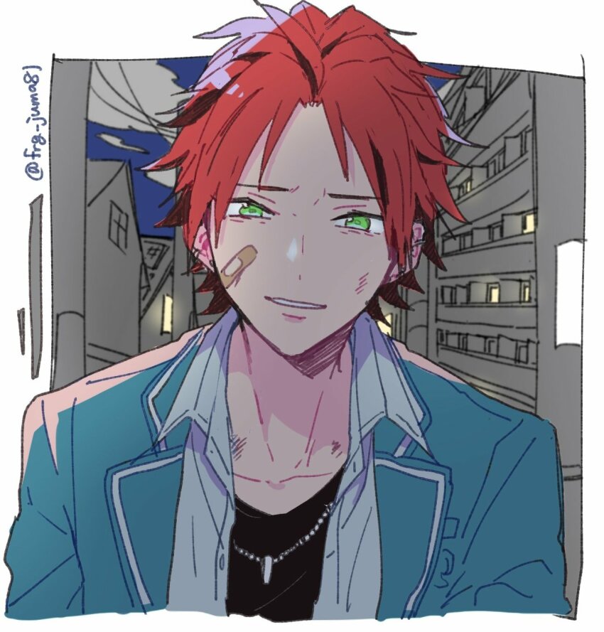 1boy bandaid bandaid_on_cheek bandaid_on_face black_hair blazer blue_jacket cloud collared_shirt commentary_request ear_piercing ensemble_stars! green_eyes highres jacket jewelry juma_(wolf81gizinka) kiryu_kuro lapels male_focus multicolored_hair necklace notched_lapels open_clothes open_collar outdoors piercing red_hair school_uniform shirt short_hair solo streaked_hair teeth twitter_username upper_body yumenosaki_school_uniform