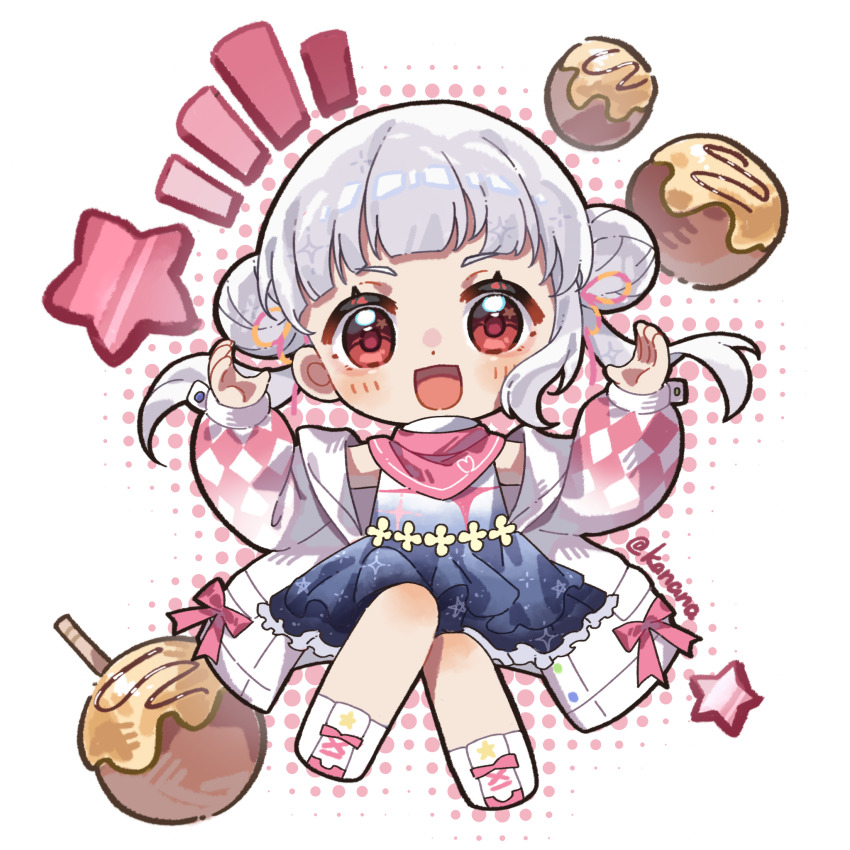 1girl :d arashi_chisato arched_bangs argyle_clothes argyle_sleeves black_dress blush chibi chibi_only chinese_commentary coat commentary_request double_bun dress food frilled_dress frills grey_hair hair_bun hajimari_wa_kimi_no_sora halftone halftone_background highres jingshenquan long_hair long_sleeves looking_at_viewer love_live! love_live!_superstar!! notice_lines official_alternate_costume open_clothes open_coat open_mouth puffy_long_sleeves puffy_sleeves red_eyes sleeveless sleeveless_dress smile solo star_(symbol) takoyaki twintails white_coat white_dress