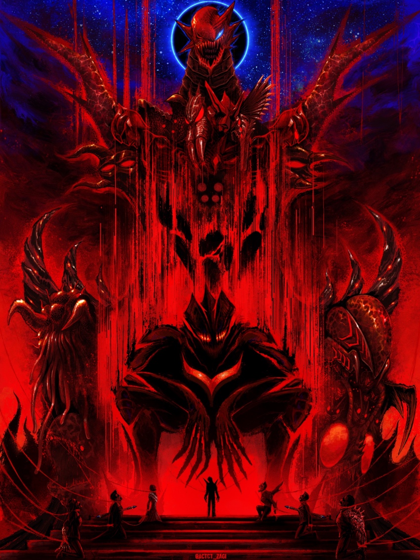 1boy absurdres alien artist_name beast_the_one blue_eyes color_timer commentary_request compound_eyes dark_faust dark_lucifer dark_mephisto dark_zagi fingernails highres looking_down monster multiple_heads no_pupils open_mouth people red_aura red_eyes sharp_fingernails sharp_teeth sitting sky star_(sky) starry_sky teeth tokusatsu ultra_series ultraman_nexus_(series) zagizagi