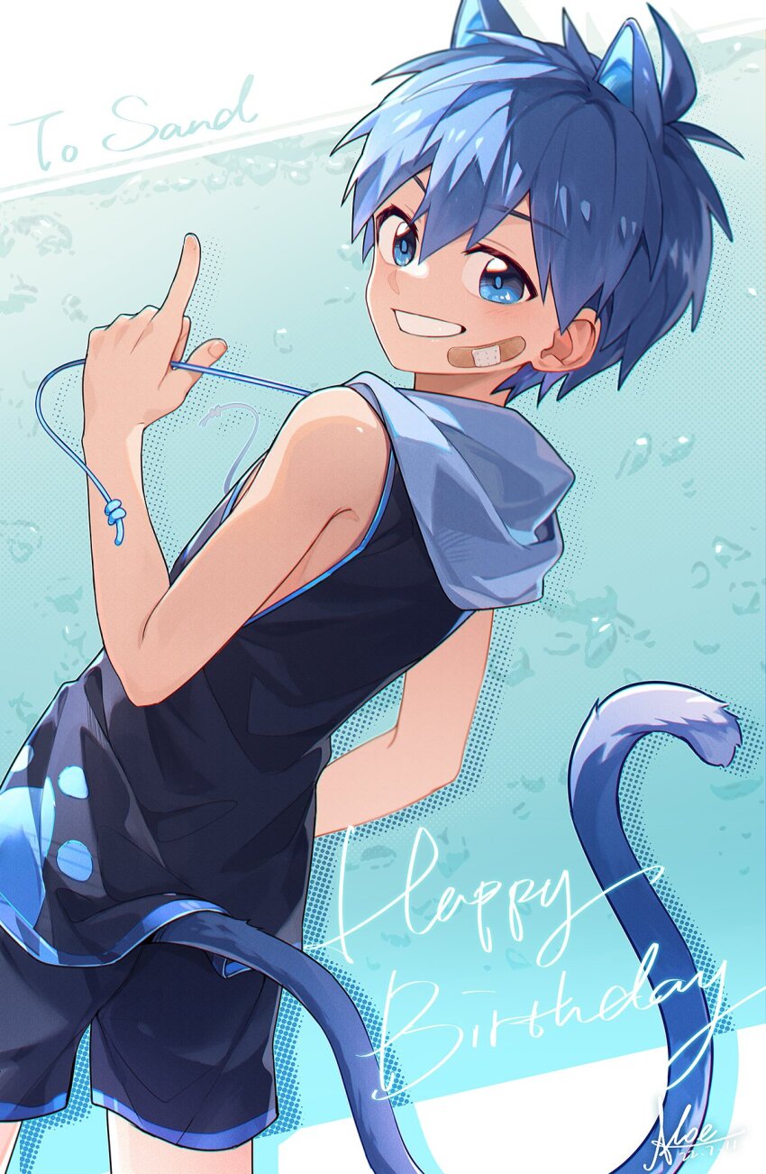 1boy animal_ears aqua_background back bandaid bandaid_on_face black_hoodie black_shorts blue_eyes cat_boy cat_ears cat_tail child grin happy_birthday highres hood hoodie koe_(mixpi) looking_at_viewer looking_back male_focus original paw_print shorts sleeveless sleeveless_hoodie smile solo tail teeth two-tone_background white_background