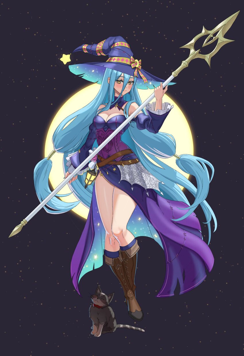 1girl absurdres alternate_costume animal azura_(fire_emblem) bare_shoulders belt black_cat blue_hair blue_nails blush boots breasts brown_belt brown_footwear cat cleavage closed_mouth commentary commission corrin_(female)_(fire_emblem) corrin_(female)_(fire_emblem)_(cosplay) corrin_(female)_(halloween)_(fire_emblem) cosplay detached_collar detached_sleeves dress emmettart english_commentary fingernails fire_emblem fire_emblem_fates fire_emblem_heroes full_body hair_between_eyes hair_tubes hat highres holding holding_polearm holding_weapon large_hat long_hair looking_at_viewer medium_breasts multiple_belts nail_polish nintendo polearm purple_dress purple_hat side_slit spear very_long_hair weapon witch_hat yellow_eyes