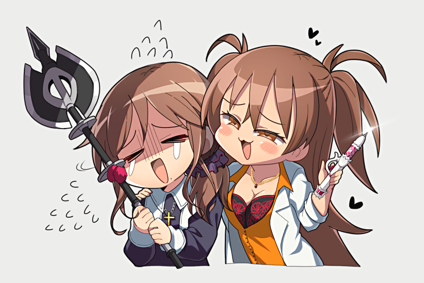 2girls blush bra breasts brown_hair chibi cleavage cross dr._arach hair_ornament hair_scrunchie highres itsuka_neru jewelry lab_coat lace lace_bra large_breasts long_hair long_sleeves looking_at_viewer mole mole_under_mouth multiple_girls necklace noel_(tsukihime) nun open_mouth orange_eyes orange_vest patterned_clothing scrunchie sidelocks tsukihime tsukihime_(remake) underwear vest weapon white_background