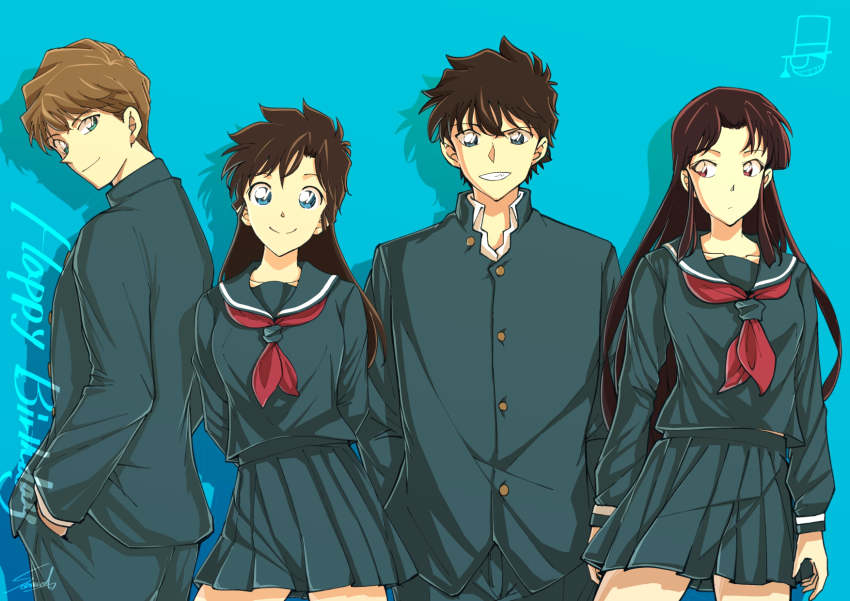 2boys 2girls arms_behind_back black_jacket black_pants black_sailor_collar black_serafuku black_shirt black_skirt blue_background blue_eyes brown_hair closed_mouth collarbone collared_shirt cowboy_shot hakuba_saguru highres jacket koizumi_akako kuroba_kaito long_hair long_sleeves looking_at_viewer looking_to_the_side magic_kaito miniskirt multiple_boys multiple_girls nakamori_aoko neckerchief pants pleated_skirt red_eyes red_neckerchief sailor_collar sailor_shirt school_uniform serafuku shirt short_hair signature skirt smile sooma4869 straight_hair very_long_hair