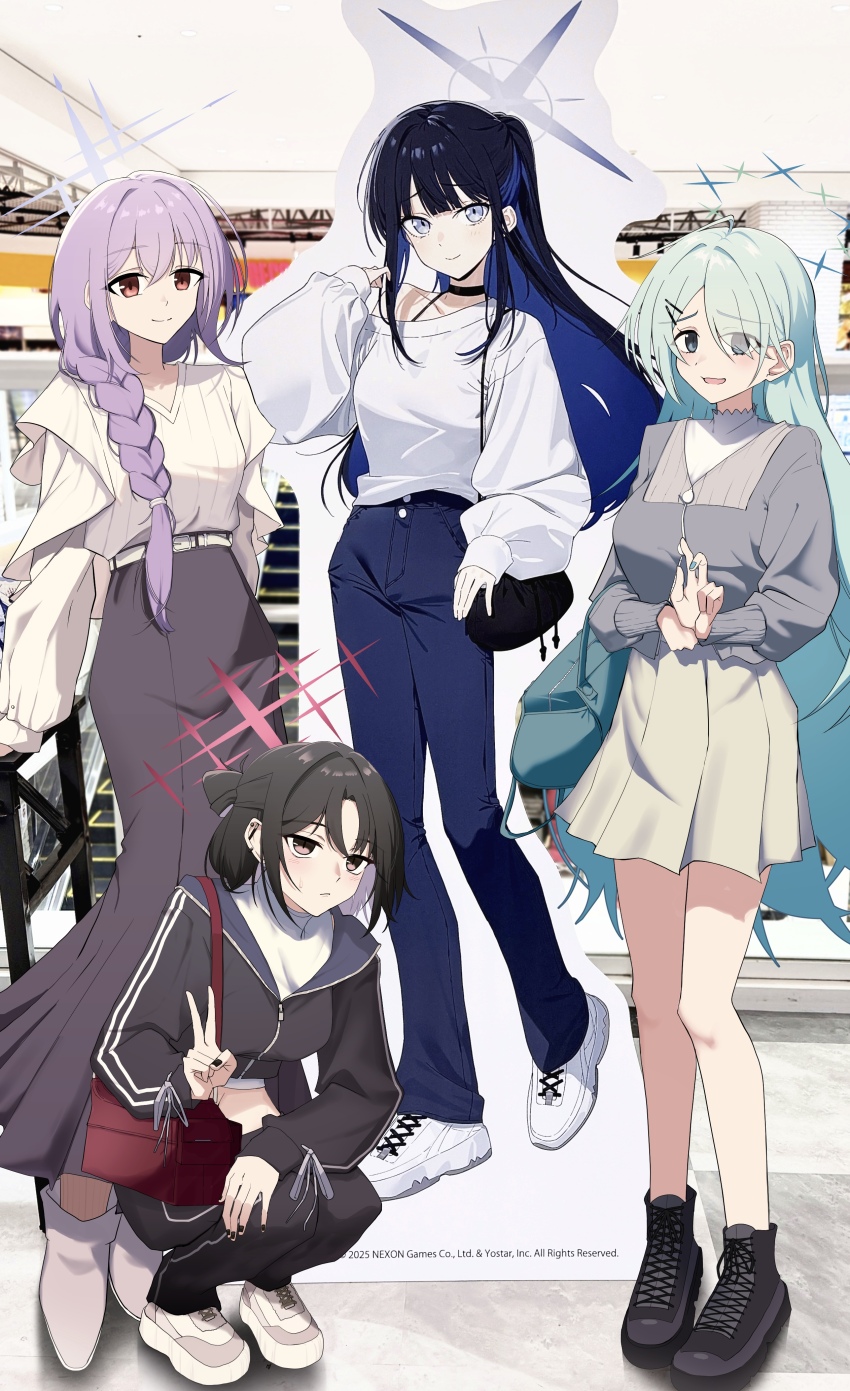 3girls absurdres alternate_costume amtkmituki aqua_hair arius_squad_(blue_archive) atsuko_(blue_archive) black_hair black_jacket black_pants blue_archive brown_skirt cardboard_cutout casual commentary_request cropped_jacket eyes_visible_through_hair fingernails grey_hair grey_shirt hair_over_one_eye half_updo halo highres hiyori_(blue_archive) jacket long_braid long_hair long_skirt looking_at_viewer misaki_(blue_archive) multiple_girls nail_polish pants photo_background purple_hair saori_(blue_archive) shirt skirt smile squatting standing standing_on_one_leg straight_hair sweatdrop v very_long_hair